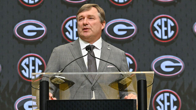 ATLANTA, GA - JULY 15: Georgia Bulldogs head coach Kirby Smart addresses the media during SEC Football Media Days on July 15, 2025, at the College Football Hall of Fame in Atlanta, GA.