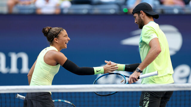 NEW YORK, NEW YORK - SEPTEMBER 05: Sara Errani (L) and Andrea Vavassori (R) of Italy celebrate against Taylor Townsend and Donald Young of the United States during their Mixed Doubles Final match on Day Eleven of the 2024 US Open at USTA Billie Jean King National Tennis Center on September 05, 2024 in the Flushing neighborhood of the Queens borough of New York City.