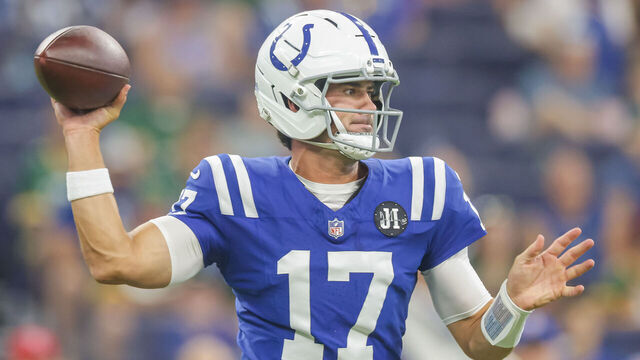 INDIANAPOLIS, INDIANA - AUGUST 16: Daniel Jones #17 of the Indianapolis Colts throws the ball during the NFL Preseason 2025 game between Green Bay Packers and Indianapolis Colts at Lucas Oil Stadium on August 16, 2025 in Indianapolis, Indiana.