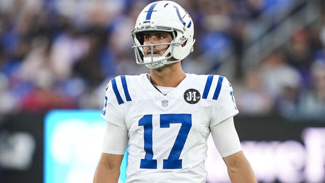 BALTIMORE, MD - AUGUST 07: Daniel Jones #17 of the Indianapolis Colts looks on during an NFL preseason football game against the Baltimore Ravens at M&T Bank Stadium on August 07, 2025 in Baltimore, Maryland.