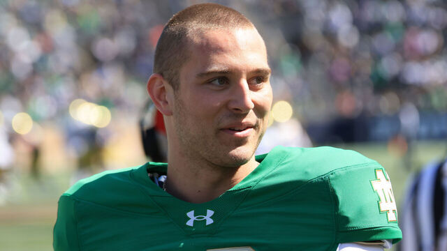 SOUTH BEND, INDIANA - APRIL 12: CJ Carr #13 of the Notre Dame Fighting Irish looks on during the 94th Annual Notre Dame Blue-Gold Spring Game at Notre Dame Stadium on April 12, 2025 in South Bend, Indiana.