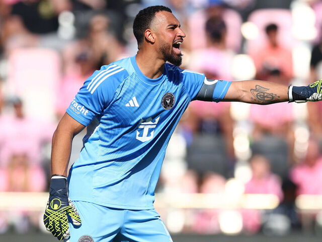 FORT LAUDERDALE, FLORIDA - APRIL 27: Drake Callender #1 of Inter Miami CF reacts during the MLS match between Inter Miami CF and FC Dallas at Chase Stadium on April 27, 2025 in Fort Lauderdale, Florida.