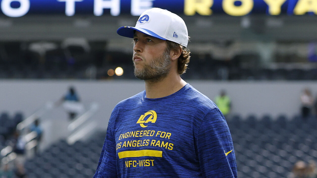 INGLEWOOD, CALIFORNIA - AUGUST 09: Matthew Stafford #9 of the Los Angeles Rams before the NFL Preseason 2025 game between Dallas Cowboys and Los Angeles Rams at SoFi Stadium on August 09, 2025 in Inglewood, California.