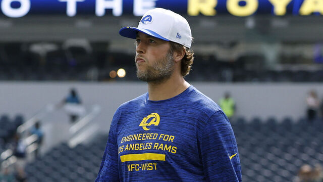INGLEWOOD, CALIFORNIA - AUGUST 09: Matthew Stafford #9 of the Los Angeles Rams before the NFL Preseason 2025 game between Dallas Cowboys and Los Angeles Rams at SoFi Stadium on August 09, 2025 in Inglewood, California.