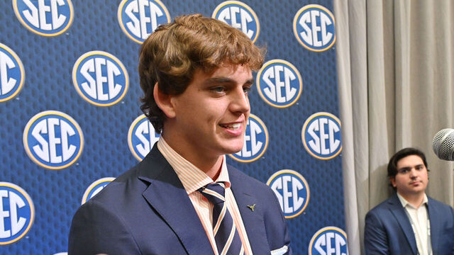 ATLANTA, GA - JULY 15: Texas Longhorns quarterback Arch Manning (16) addresses the media during SEC Football Media Days on July 15, 2025, at the College Football Hall of Fame in Atlanta, GA.
