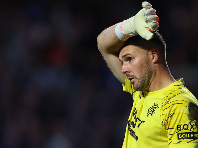 GLASGOW, SCOTLAND - AUGUST 19: Jack Butland of Rangers during the UEFA Champions League Play-offs Round First Leg match between Rangers and Club Brugge at Ibrox Stadium on August 19, 2025 in Glasgow, Scotland.