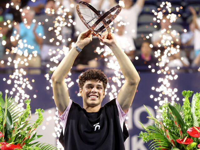 TORONTO, ONTARIO - AUGUST 07: Ben Shelton of United States celebrates with the trophy after defeating Karen Khachanov during the Singles Final of the National Bank Open Presented by Rogers at Sobeys Stadium on August 07, 2025 in Toronto, Ontario.