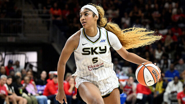 WASHINGTON, DC - JULY 29: Angel Reese #5 of the Chicago Sky handles the ball against the Washington Mystics at Carefirst Arena on July 29, 2025 in Washington, DC.