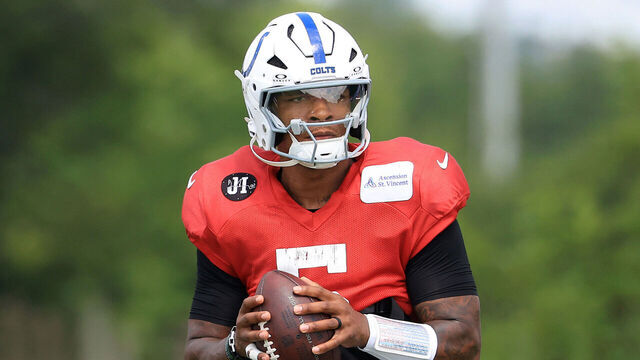 WESTFIELD, INDIANA - AUGUST 14: Anthony Richardson #5 of the Indianapolis Colts throws a pass during the Green Bay Packers and Indianapolis Colts joint practice at Grand Park on August 14, 2025 in Westfield, Indiana.