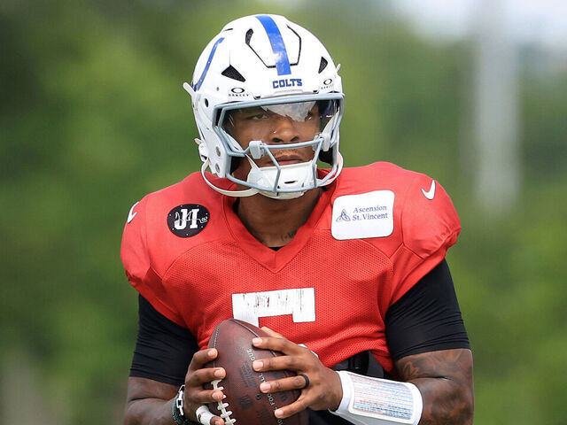 WESTFIELD, INDIANA - AUGUST 14: Anthony Richardson #5 of the Indianapolis Colts throws a pass during the Green Bay Packers and Indianapolis Colts joint practice at Grand Park on August 14, 2025 in Westfield, Indiana.