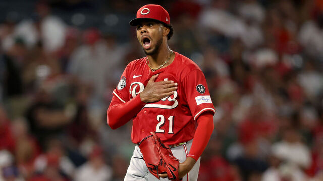 ANAHEIM, CALIFORNIA - AUGUST 19: Hunter Greene #21 of the Cincinnati Reds reacts after striking out Zach Neto #9 of the Los Angeles Angels to end the fifth inning at Angel Stadium of Anaheim on August 19, 2025 in Anaheim, California.