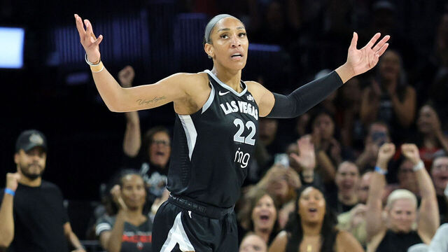 LAS VEGAS, NEVADA - AUGUST 19: A'ja Wilson #22 of the Las Vegas Aces reacts after hitting a shot against the Atlanta Dream in the fourth quarter of their game at Michelob ULTRA Arena on August 19, 2025 in Las Vegas, Nevada. The Aces defeated the Dream 74-72.