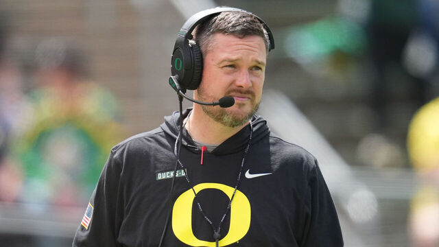 EUGENE, OREGON - APRIL 26: Head coach Dan Lanning of the Oregon Ducks looks on during the Oregon spring game at Autzen Stadium on April 26, 2025 in Eugene, Oregon.