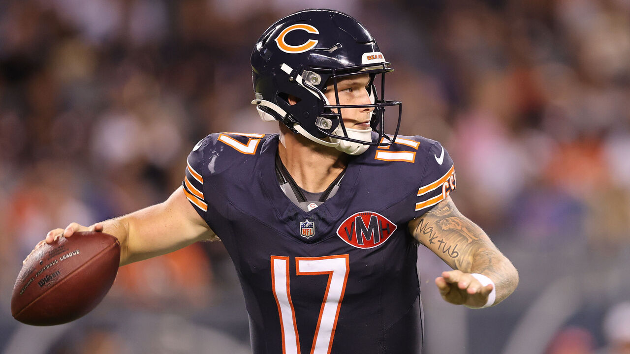 CHICAGO, ILLINOIS - AUGUST 17: Tyson Bagent #17 of the Chicago Bears looks to pass against the Buffalo Bills during the NFL Preseason 2025 game between Buffalo Bills and Chicago Bears at Soldier Field on August 17, 2025 in Chicago, Illinois.