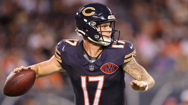 CHICAGO, ILLINOIS - AUGUST 17: Tyson Bagent #17 of the Chicago Bears looks to pass against the Buffalo Bills during the NFL Preseason 2025 game between Buffalo Bills and Chicago Bears at Soldier Field on August 17, 2025 in Chicago, Illinois.