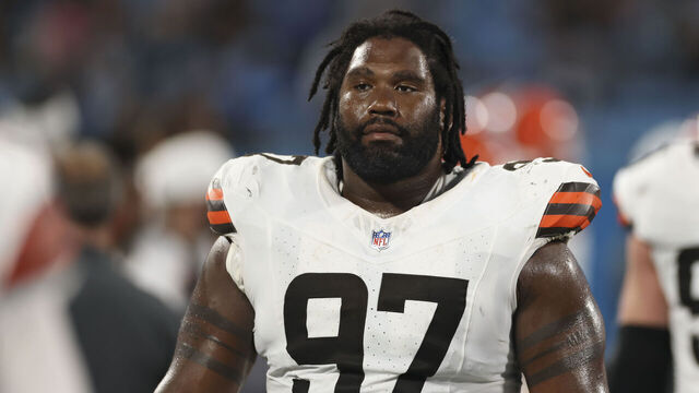 CHARLOTTE, NORTH CAROLINA - AUGUST 8: Jowon Briggs #97 of the Cleveland Browns looks on from the sidelines during a NFL Preseason 2025 game against the Carolina Panthers at Bank of America Stadium on August 8, 2025 in Charlotte, North Carolina.
