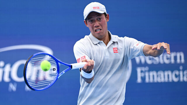 MASON, OHIO - AUGUST 08: Kei Nishikori of Japan in action against Camilo Ugo Carabelli of Argentina during the Men's Singles First Round match on day two of the Cincinnati Open 2025 at Lindner Family Tennis Center on August 08, 2025 in Mason, Ohio.