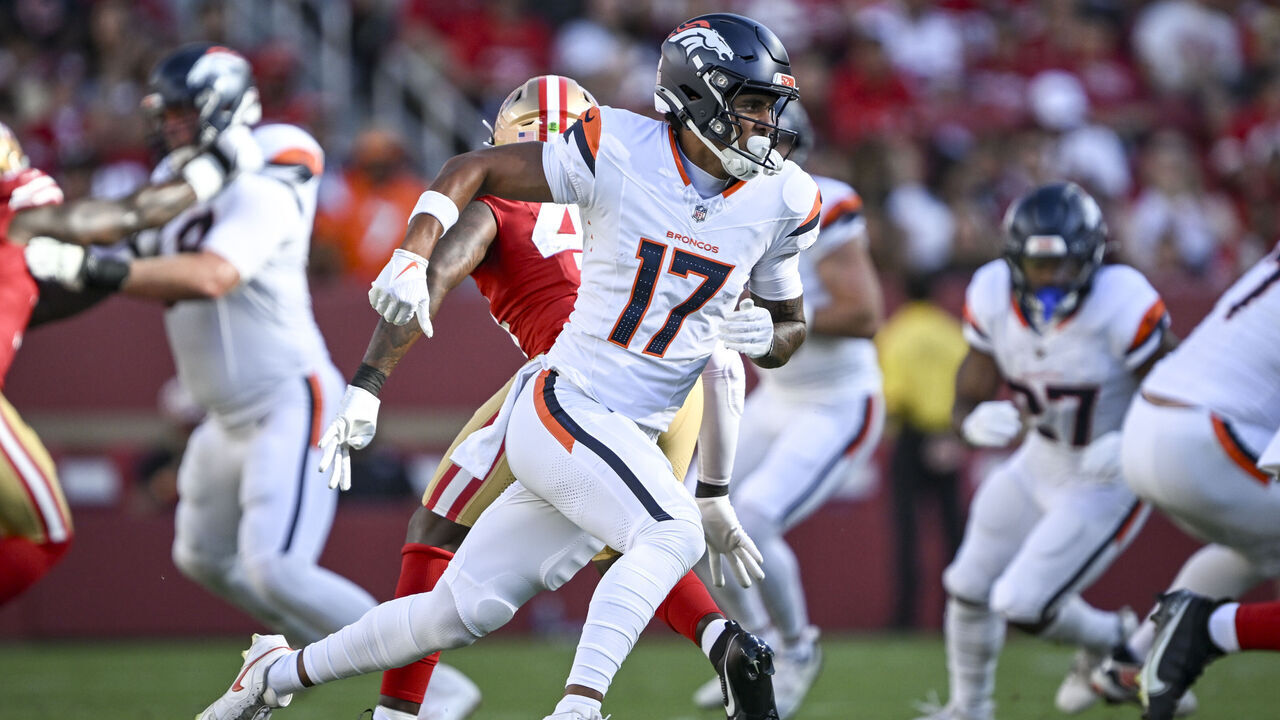 SANTA CLARA, CA - AUGUST 9: Devaughn Vele (17) of the Denver Broncos runs a route against the San Francisco 49ers during the first quarter at Levi's Stadium in Santa Clara, California on Saturday, August 9, 2025.