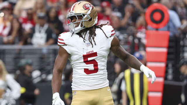 LAS VEGAS, NEVADA - AUGUST 16: Demarcus Robinson #5 of the San Francisco 49ers reacts after a play during the first quarter in the NFL Preseason 2025 game against the Las Vegas Raiders at Allegiant Stadium on August 16, 2025 in Las Vegas, Nevada.