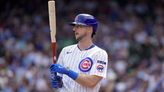 CHICAGO, ILLINOIS - AUGUST 18: Kyle Tucker #30 of the Chicago Cubs looks on from the on deck area in a game against the Milwaukee Brewers at Wrigley Field on August 18, 2025 in Chicago, Illinois.