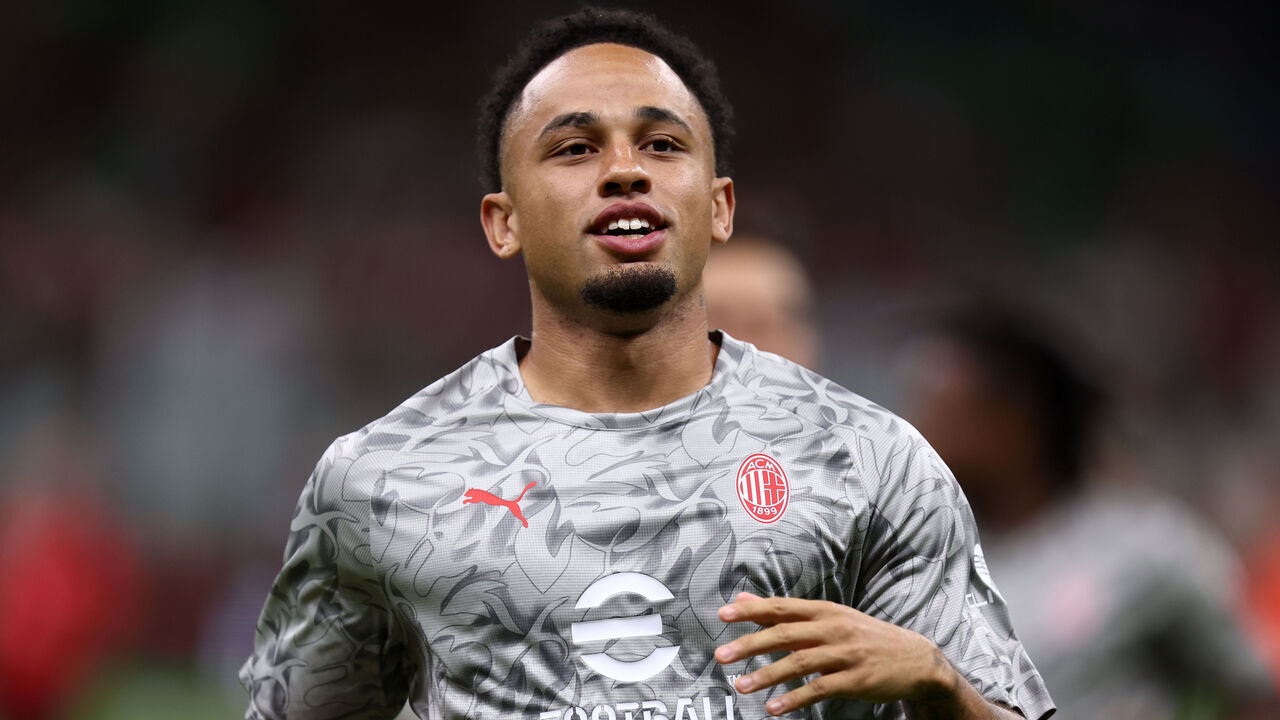 Milan, Italy - August 17: Noah Okafor of Ac Milan during warm up before the Coppa Italia match between AC Milan and SSC Bari at Stadio San Siro on August 17, 2025 in Milan, Italy.