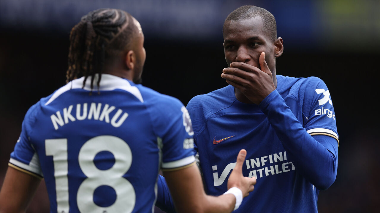 LONDON, ENGLAND - MAY 05: Nicolas Jackson of Chelsea with Christopher Nkunku of Chelsea after the Premier League match between Chelsea FC and West Ham United at Stamford Bridge on May 05, 2024 in London, England.