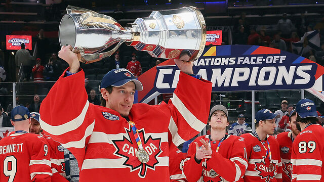 BOSTON, MASSACHUSETTS - FEBRUARY 20: Jordan Binnington #50 of Team Canada celebrates with his teammates after defeating Team United States in overtime to win the NHL 4 Nations Face-Off Championship Game at TD Garden on February 20, 2025 in Boston, Massachusetts.