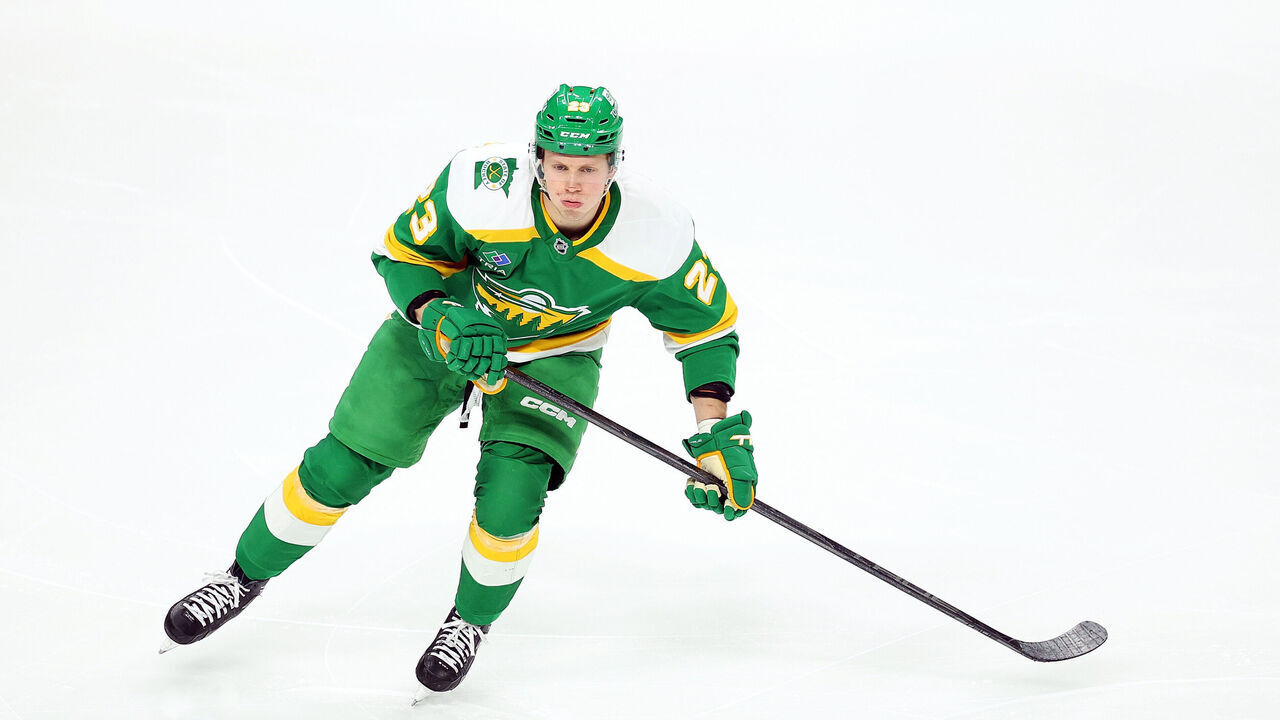 ST PAUL, MINNESOTA - MARCH 15: Marco Rossi #23 of the Minnesota Wild skates against the St. Louis Blues in the third period at Xcel Energy Center on March 15, 2025 in St Paul, Minnesota. The Blues defeated the Wild 5-1.