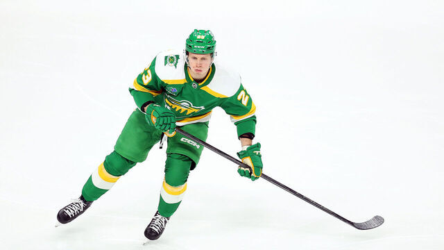 ST PAUL, MINNESOTA - MARCH 15: Marco Rossi #23 of the Minnesota Wild skates against the St. Louis Blues in the third period at Xcel Energy Center on March 15, 2025 in St Paul, Minnesota. The Blues defeated the Wild 5-1.