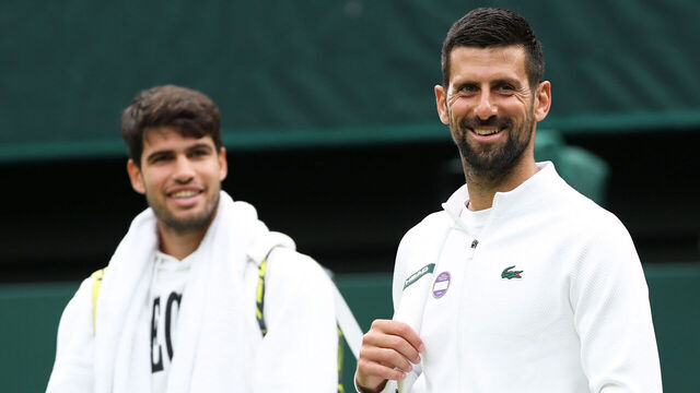 LONDON, ENGLAND - JUNE 26: Novak Djokovic (R) of Serbia and Carlos Alcaraz of Spain take to the court for practice during practice prior to The Championships Wimbledon 2025 at All England Lawn Tennis and Croquet Club on June 26, 2025 in London, England.
