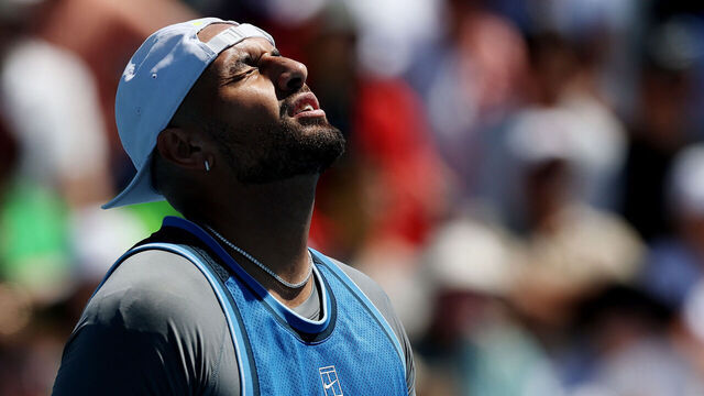MIAMI GARDENS, FLORIDA - MARCH 21: Nick Kyrgios of Australia reacts to a lost point against Karen Khachanov during Day 4 of the Miami Open at Hard Rock Stadium on March 21, 2025 in Miami Gardens, Florida.