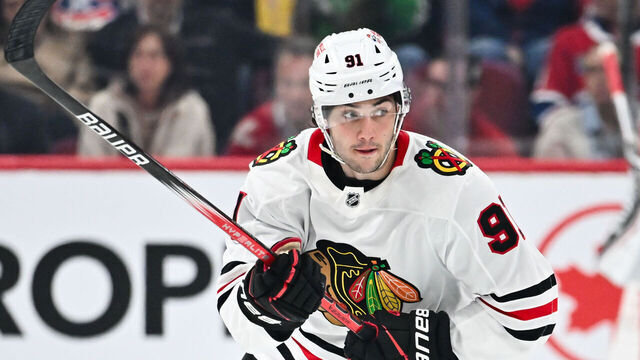 MONTREAL, CANADA - APRIL 14: Frank Nazar #91 of the Chicago Blackhawks skates during the third period against the Montreal Canadiens at the Bell Centre on April 14, 2025 in Montreal, Quebec, Canada. The Chicago Blackhawks defeated the Montreal Canadiens 4-3 in a shootout.