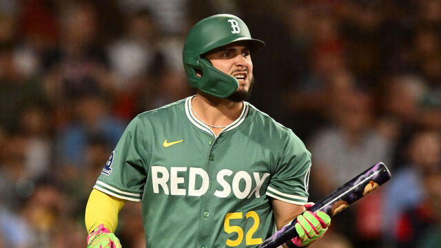 BOSTON, MASSACHUSETTS - AUGUST 15: Wilyer Abreu #52 of the Boston Red Sox reacts after striking out against the Miami Marlins during the fifth inning at Fenway Park on August 15, 2025 in Boston, Massachusetts.