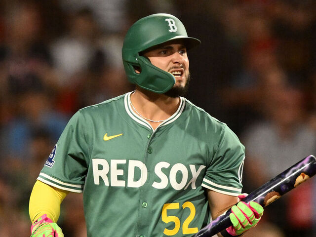 BOSTON, MASSACHUSETTS - AUGUST 15: Wilyer Abreu #52 of the Boston Red Sox reacts after striking out against the Miami Marlins during the fifth inning at Fenway Park on August 15, 2025 in Boston, Massachusetts.
