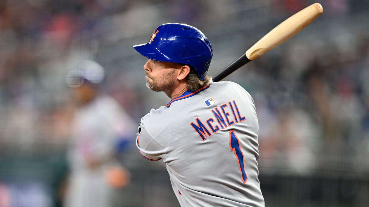 WASHINGTON, DC - AUGUST 20: Jeff McNeil #1 of the New York Mets drives in two runs with a double in the sixth inning against the Washington Nationals at Nationals Park on August 20, 2025 in Washington, DC.
