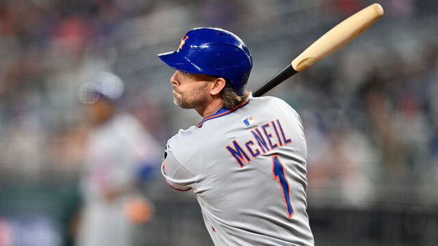 WASHINGTON, DC - AUGUST 20: Jeff McNeil #1 of the New York Mets drives in two runs with a double in the sixth inning against the Washington Nationals at Nationals Park on August 20, 2025 in Washington, DC.