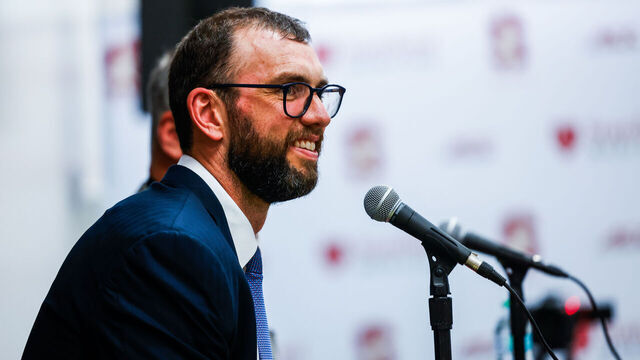 Stanford press conference introducing interim football coach Frank Reich, not pictured, with GM Andrew Luck at the Arrillaga Family Sports Center in Stanford, Calif. on Tuesday, April 1, 2025. Reich, a former NFL quarterback and head coach, replaces Troy Taylor, who was fired March 25.