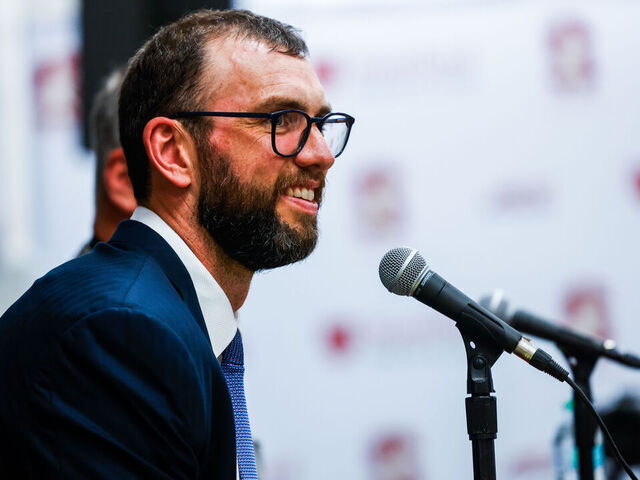 Stanford press conference introducing interim football coach Frank Reich, not pictured, with GM Andrew Luck at the Arrillaga Family Sports Center in Stanford, Calif. on Tuesday, April 1, 2025. Reich, a former NFL quarterback and head coach, replaces Troy Taylor, who was fired March 25.