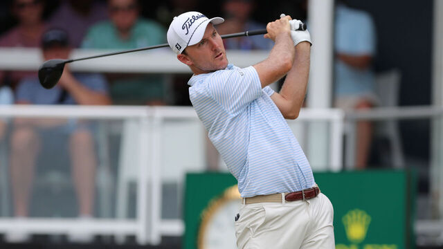 ATLANTA, GA - AUGUST 21: Russell Henley (USA) hits his tee shot on hole # 1 during the opening round of the PGA Tour Championship on August 21, 2025 at East Lake Golf Club in Atlanta, GA.