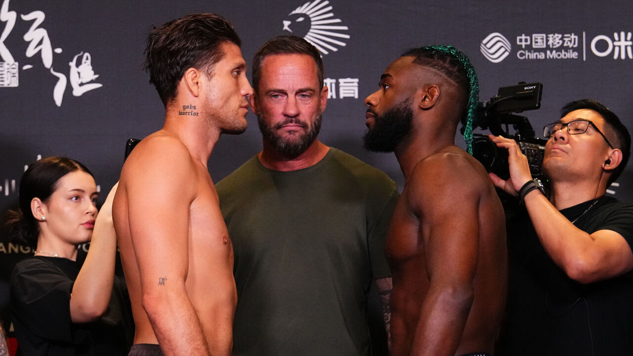 SHANGHAI, CHINA - AUGUST 22: (L-R) Opponents Brian Ortega and Aljamain Sterling face off during the UFC Fight Night weigh-in at the Hengshan Garden Hotel on August 22, 2025 in Shanghai, China.
