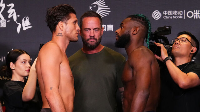 SHANGHAI, CHINA - AUGUST 22: (L-R) Opponents Brian Ortega and Aljamain Sterling face off during the UFC Fight Night weigh-in at the Hengshan Garden Hotel on August 22, 2025 in Shanghai, China.