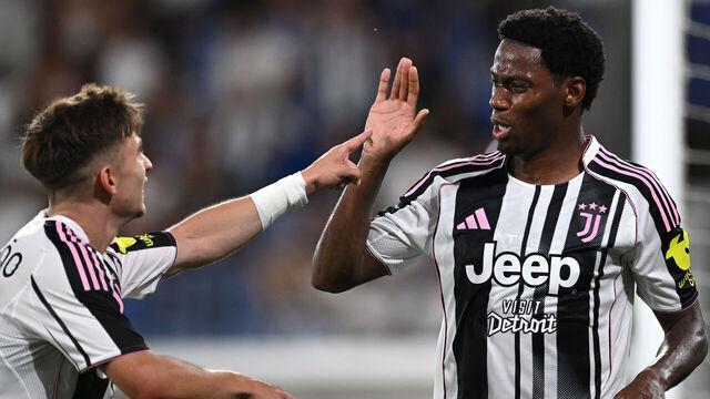 BERGAMO, ITALY - AUGUST 16: Jonathan David of Juventus celebrates his goal with Francisco Conceicao of Juventus during the pre-season friendly match between Borussia Atalanta and Juventus FC on August 16, 2025 in Bergamo, Italy.