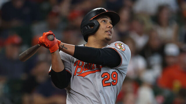 HOUSTON, TEXAS - AUGUST 17: Samuel Basallo #29 of the Baltimore Orioles bats in the seventh inning of his MLB debut against the Houston Astros at Daikin Park on August 17, 2025 in Houston, Texas.
