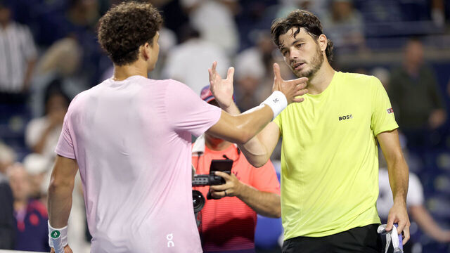 TORONTO, ONTARIO - AUGUST 06: Ben Shelton of United States is congratulated by Taylor Fritz of United States after their match during the semifinals of the National Bank Open Presented by Rogers at Sobeys Stadium on August 06, 2025 in Toronto, Ontario.