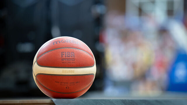 A view of a Molten basketball with the FIBA logo is seen during an international friendly match between Poland and Sweden in Katowice, Poland, on August 10, 2025. This game is part of the preparations ahead of the upcoming FIBA EuroBasket 2025, European Basketball Championship.