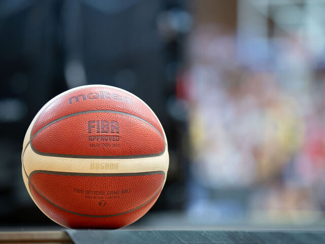 A view of a Molten basketball with the FIBA logo is seen during an international friendly match between Poland and Sweden in Katowice, Poland, on August 10, 2025. This game is part of the preparations ahead of the upcoming FIBA EuroBasket 2025, European Basketball Championship.