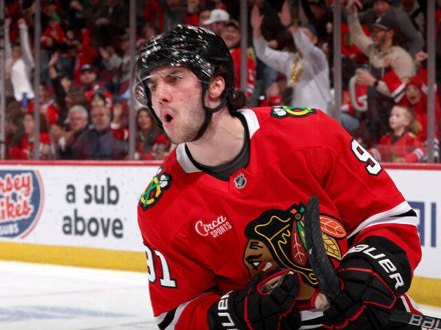 CHICAGO, ILLINOIS - APRIL 06: Frank Nazar #91 of the Chicago Blackhawks reacts after scoring against the Pittsburgh Penguins in the second period at the United Center on April 06, 2025 in Chicago, Illinois.