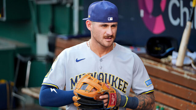 CINCINNATI, OHIO - AUGUST 16: Joey Ortiz #3 of the Milwaukee Brewers looks on before the game against the Cincinnati Reds at Great American Ball Park on August 16, 2025 in Cincinnati, Ohio.
