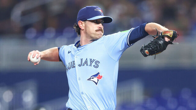 MIAMI, FLORIDA - AUGUST 22: Shane Bieber #57 of the Toronto Blue Jays pitches against the Miami Marlins in the first inning at loanDepot park on August 22, 2025 in Miami, Florida.