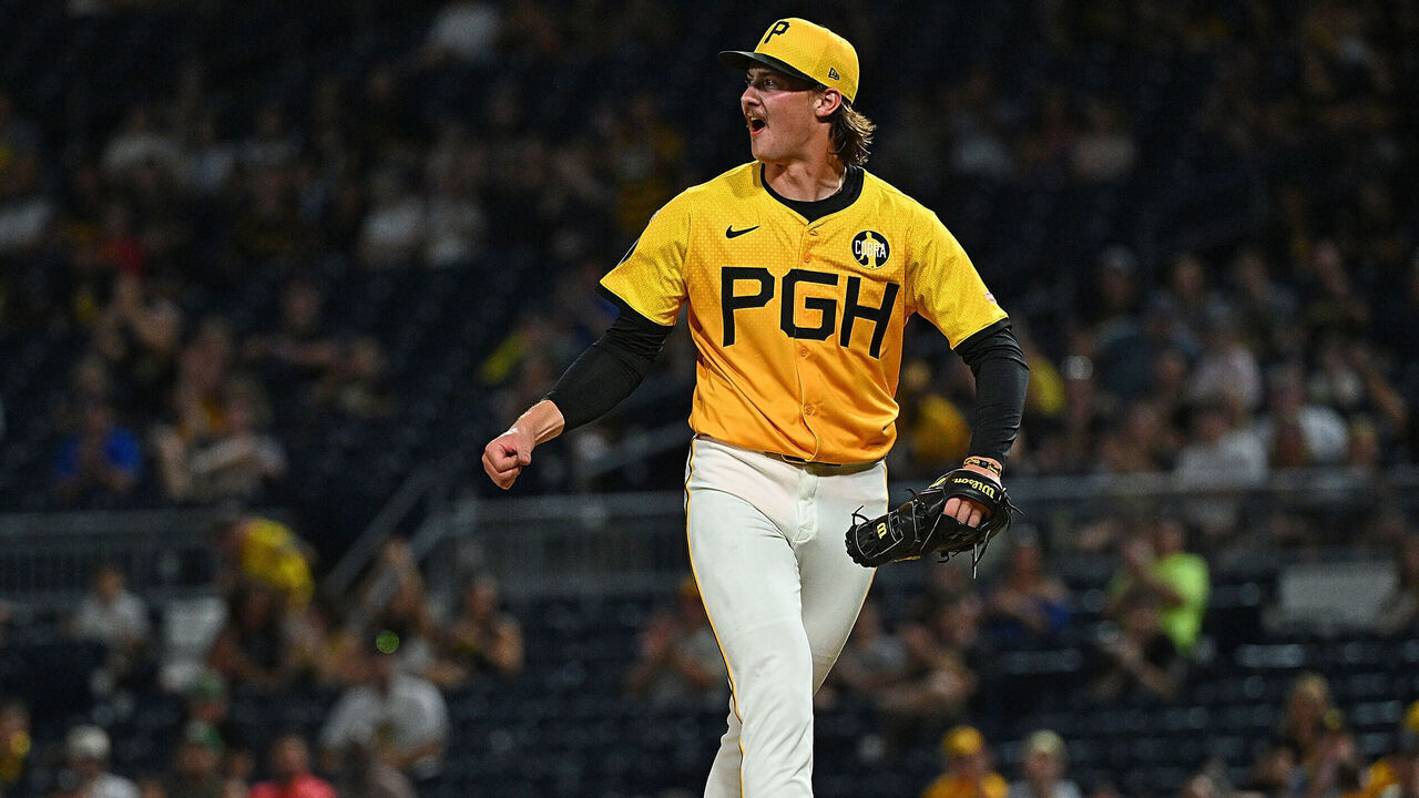 PITTSBURGH, PENNSYLVANIA - AUGUST 22: Bubba Chandler #57 of the Pittsburgh Pirates reacts after striking out Mickey Moniak #22 of the Colorado Rockies (not pictured) in the sixth inning during the game at PNC Park on August 22, 2025 in Pittsburgh, Pennsylvania.
